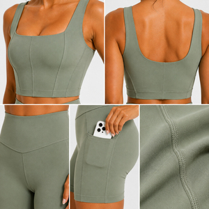 Women Casual Square Neck Yoga Set <b>High</b> Waist Pocket Biker Shorts Fitness Gym Workout Activewear Set Polyester/Cotton Summer - Product Image 6