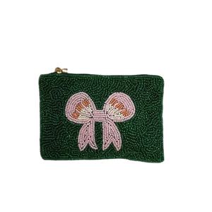 Unique Stylish Embroidery <b>Pink</b> & Green Seed <b>Beaded</b> Bow Small Wallet <b>Bag</b> With Handwork & Fashionable Look By Hiba Enterprises - Product Image 1
