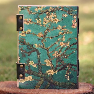 Carnet en cuir vintage d'art indien, couverture gaufrée Van Gogh Fleur d'Amandier, fait main, bords festonnés, mini-carnet marron foncé noir - Product Image 3