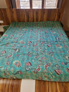 Blue Mukut Print <b>Kantha</b> <b>Quilt</b> Hand Stitched Queen Size Cotton Bedspread Reversible Bohemian Style All-Season Hotel Home Decor - Product Image 4