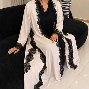 Robe Abaya en dentelle florale noire et blanche pour femmes adultes, élégante, modeste, islamique, col haut, manches longues, longueur au sol, tenue de soirée, kimono - Product Image 1