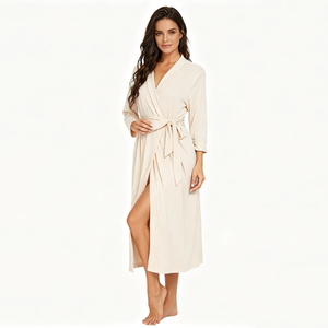 Robe tricotée à col en v pour femmes, manches trois quarts, longueur aux genoux, gris uni, vêtements de nuit décontractés et doux, fermeture à cordon - Product Image 5
