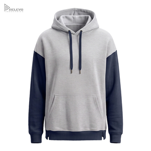 Custom Heavyweight 100% Cotton <b>Fleece</b> Hoodie Unisex Grey <b>Navy</b> Two Tone Pullover Hoodie Side Slits Matching Cords - Product Image 1