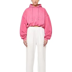 2025 Women's Oversize Fitness Gym Hoodies Pink Acid Wash Embossed Crop <b>Top</b> with Front Logo Hooded Collar for <b>Winter</b> - Product Image 2