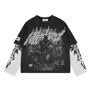 Custom Graphic Printed Layered T Shirt Double Layer Oversized Urban Streetwear Trendy Layered Print T Shirt Men Fashion - Product Image 2