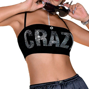 Haut court tendance pour femme avec lettres en strass, bretelles personnalisées, style streetwear, débardeur scintillant sans manches, chemise pour femme - Product Image 3
