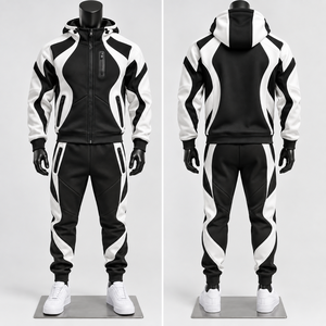 <b>Men's</b> Black <b>White</b> Color Blocking Hooded Tracksuit Full Zipper Sporty <b>Joggers</b> Set Breathable Polyester Cotton Autumn Wear - Product Image 4