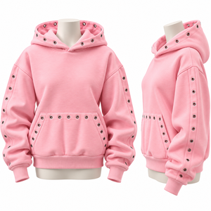 Sudadera Rosa Oversize para Mujer con Diseño de Ojales y Bordado en Relieve, Mangas Regulares, 100% Algodón, Estilo Hip Hop, Novedad de Otoño - Product Image 5