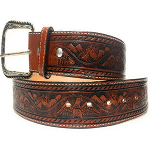 Vintage Style Eagle Design Embossed men's fashion Western <b>leather</b> hand <b>tooling</b> <b>belt</b> with floral buckle - Product Image 5
