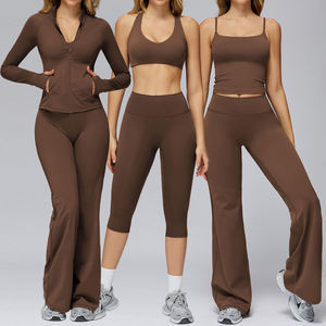 Ensemble de yoga 2 pièces vert olive, coupe évasée longue, taille haute, dos nageur, séchage rapide, sans couture, extensible, couleur unie, tricoté - Product Image 5