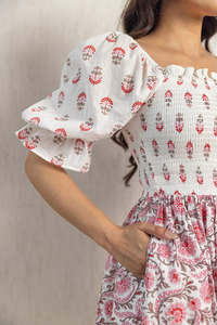 <b>WHITE</b> SMOCKED COTTON <b>MAXI</b> DRESS WOMEN BREATHABLE COMFORTABLE AND CLASSY WITH A BEAUTIFUL FLORAL PRINT <b>MAXI</b> DRESS - Product Image 5