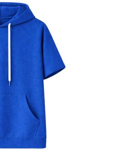 Haut à capuche bleu à manches courtes pour homme, pull décontracté, t-shirt léger d'été, streetwear, en mélange de coton avec poche kangourou - Product Image 3
