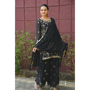Elegant faux georgette embroidered salwar suit set with <b>sequins</b> work <b>top</b> palazzo dupatta stitched festive wear - Product Image 2