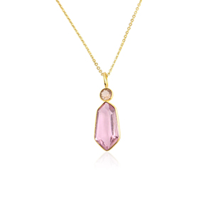 Impresionante colgante de cuarzo rosa con circonita cúbica rosa en engaste de bisel, collar de latón chapado en oro de 18k para mujer, regalo de joyería. - Product Image 1