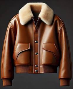 Blouson aviateur en cuir de vachette marron pour homme avec col en fourrure de mouton, fermeture à boutons, grande taille, vêtements d'hiver - Product Image 3