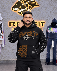 Sweat-shirt à capuche noir personnalisé pour homme, avec manches en strass, appliqué personnalisé, style streetwear, en molleton, poche kangourou, étiquette personnalisée, OEM - Product Image 2