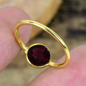 Handmade Red Garnet 5mm Round Gemstone Ring 18k Gold Micron Over 925 <b>Solid</b> Sterling <b>Silver</b> - Product Image 4