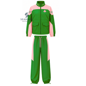 Alpha | Kapa | Alpha Nylon Windbreaker <b>Set</b> Embroidered Warm UP Jacket With <b>Matching</b> <b>Jogger</b> Green And Pink Color Block Activewear - Product Image 1