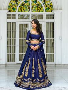 Blue Embroidered <b>Indian</b> Pakistani Lehenga Set Long Sleeve Blouse Crop <b>Top</b> Pleated Dress Wedding Festival Wear - Product Image 1