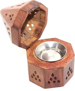 Handcrafted Hexagonal Wooden Bakhoor Burner Traditional Carved Wood Incense Censer with Hinged Lid and Stainless Steel Bowl - Product Image 1