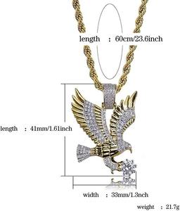 Pendentif Hip Hop Aigle Sertie de Zircons Micro-encastrés en Laiton Plaqué Or avec Chaîne Cordon de 3mm et 24 Pouces - Product Image 2