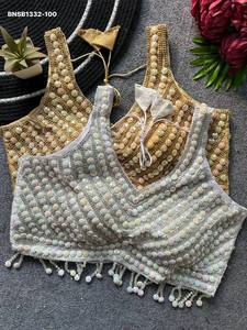 Fashionable Beautiful Silk with Moti-<b>Beads</b> Crystal-Handwork Sleeveless Padded Back-Hook Blouse Collection Wholesale Supply - Product Image 4