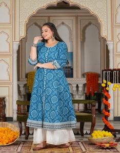 <b>Plus</b> <b>Size</b> Cotton Anarkali Kurti Blue Women's Bandhej Printed Round Neck Three Quarter Sleeves Comfortable Daily Wear - Product Image 4