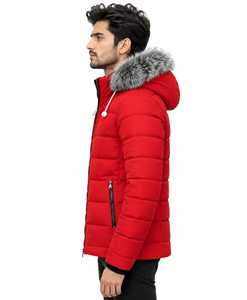 <b>Men's</b> Red Hooded Canvas Puffer Jacket <b>Winter</b> Thick <b>Waterproof</b> Windproof <b>Coat</b> with Fur Collar Front Logo Zipper Cotton Lined - Product Image 2