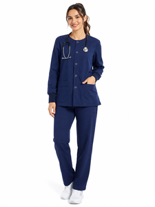 Blouse de travail unisexe décontractée à manches longues, cardigan tissé à simple boutonnage, col rond, vêtement de travail pour infirmières, veste respirante pour médecins - Product Image 2