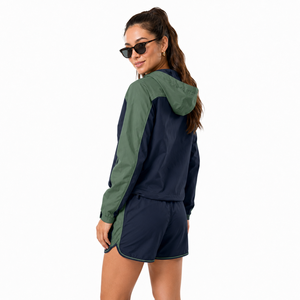 Ensemble veste et short de course pour femme en tissu technique tissé, avec empiècements contrastants, respirant, marque privée, fournisseur en gros - Product Image 2