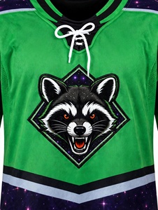 Camiseta de Hockey sobre Hielo Personalizada por Sublimación, Color Verde Lima, Estilo Vintage con Cordones, Diseño de Mascota de Mapache Espacial, Camiseta Deportiva de Secado Rápido para Entrenamiento - Product Image 4