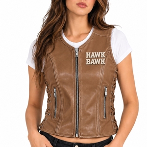 Chaleco de cuero para mujer, estilo sin mangas, cierre con cremallera frontal, bolsillos laterales con cremallera, logotipo Hawk Bawk, estilo motero sin cuello - Product Image 1