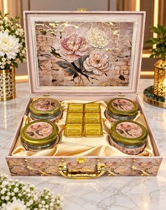 Caja de regalo de madera de lujo con diseño de arte mogol, con 4 tarros y bandeja para dulces. Eleva las regalas festivas y la presentación de lujo. - Product Image 4