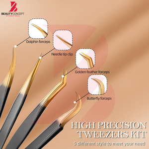 Kit de Pinzas para Pestañas de 4 Piezas con Logotipo Personalizado al por Mayor, Pinzas de Alta Precisión con Puntas Doradas de Dos Tonos y Mango Negro, Herramientas de Belleza Antimagnéticas - Product Image 2