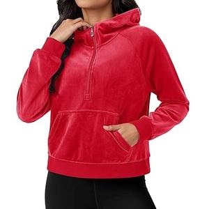 Sweat à capuche en velours de qualité supérieure, en coton épais, polaire respirant, avec fermeture éclair, pour femme, rouge - Product Image 3