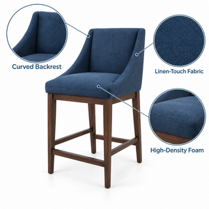 Chaise de bar moderne en tissu bleu avec structure en bois, accoudoirs fixes, design contemporain pour bar à domicile, îlot de cuisine, chaises de bar - Product Image 3