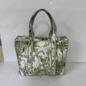 Green Toile Jungle Print Quilted Cotton Durable Zipper Tote <b>Bag</b> Women Handmade <b>Boho</b> Shoulder Handbag Large Capacity Travel <b>Bag</b> - Product Image 3