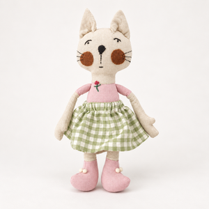Muñeco de Peluche de Gato Bordado a Mano de Algodón con Falda a Cuadros Verde, Suave y Cosido, para Regalo de Cumpleaños o Decoración de Dormitorio - Product Image 1