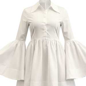 Women White Poplin Button <b>Down</b> Dress Long Bell Sleeve Flare Hem Elegant Casual Boutique Fashion Outfit - Product Image 5