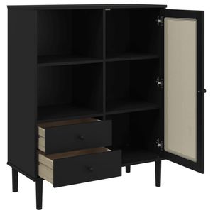 Aparador para Salón en Madera de Pino Macizo Negra y Madera Sintética con Ratán Sintético, Elegantes Armarios - Product Image 6