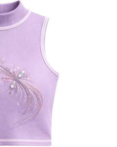 Camiseta sin mangas de cuello alto acanalada lila personalizada para mujer con diseño floral de pedrería, sin mangas, de verano, fabricante personalizado - Product Image 3