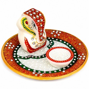 Designer Marble Gemstone Work Pooja Thali with Small Ganesha Sculpture Handmade for Home Decoration & Diwali Ramadan Gifting - Product Image 1