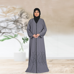 Abaya Islámica Modesta de Tela Nida con Panel Frontal Vertical Adornado con Cristales, Silueta Recta Elegante, Largo hasta el Suelo para Mujer - Product Image 1