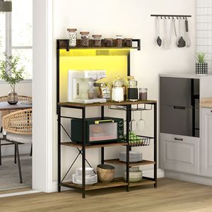 Étagère de rangement de cuisine industrielle rustique marron avec station de charge, lumières RGB, porte-verres, étagères ouvertes - pour boulangers et chefs - Product Image 2