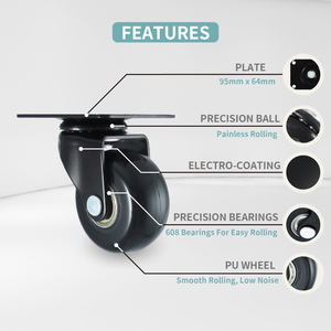 Roue pivotante en PU de 2 pouces avec frein, lame de rouleau noire de 50mm pour l'extérieur, supermarché, emballage personnalisé, paquet de 4 - Product Image 5