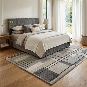 Alfombra de Lana Plateada con Diseño Arquitectónico en Gris Marfil, Hecha a Mano, Moderna, Abstracta, Geométrica, para Sala de Estar, Oficina, Hotel - Product Image 3