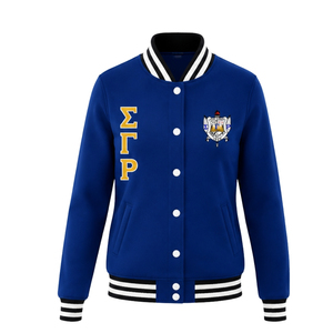 เสื้อแจ็คเก็ตบอมเบอร์ผ้าซาตินสำหรับผู้หญิง Sigma Gamma Rho แบบซิปด้านหน้า แขนเสื้อแบบริบ  ชุดลำลองสไตล์กรีก  ขายส่งแบบกำหนดเองได้ - Product Image 1