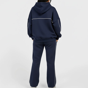 Conjunto Deportivo Azul Marino para Mujer, Sudadera con Capucha de Manga Larga y Pantalones con Bolsillos Laterales, Diseño Sólido Informal y Holgado - Product Image 4