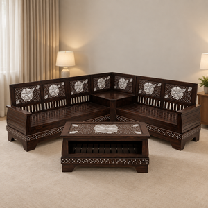 Juego de Sofá Esquinero Tradicional en Forma de L de Madera Maciza con Tallados Florales y Mesa de Centro con Almacenamiento para Sala de Estar - Product Image 1