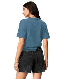 Solid Color Vintage Washed Short Sleeve Shorts Set Women's Distressed Two-Piece Casual Daily Wear Regular Fit Summer for Wear - Product Image 2